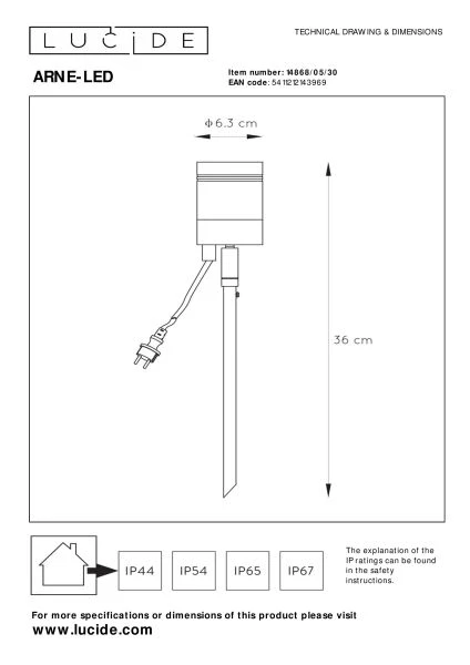 Lucide ARNE-LED - Gartenstrahler - Ø 6,3 cm - LED - GU10 - 1x5W 2700K - IP44 - Schwarz - technisch